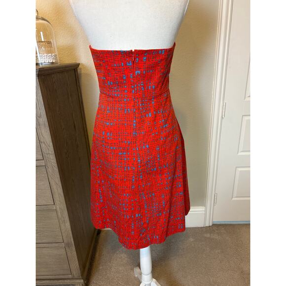 Tabitha by Anthropologie | Crosshatch Strapless Red/Blue Fit & Flare Dress | 6 - Picture 9 of 13